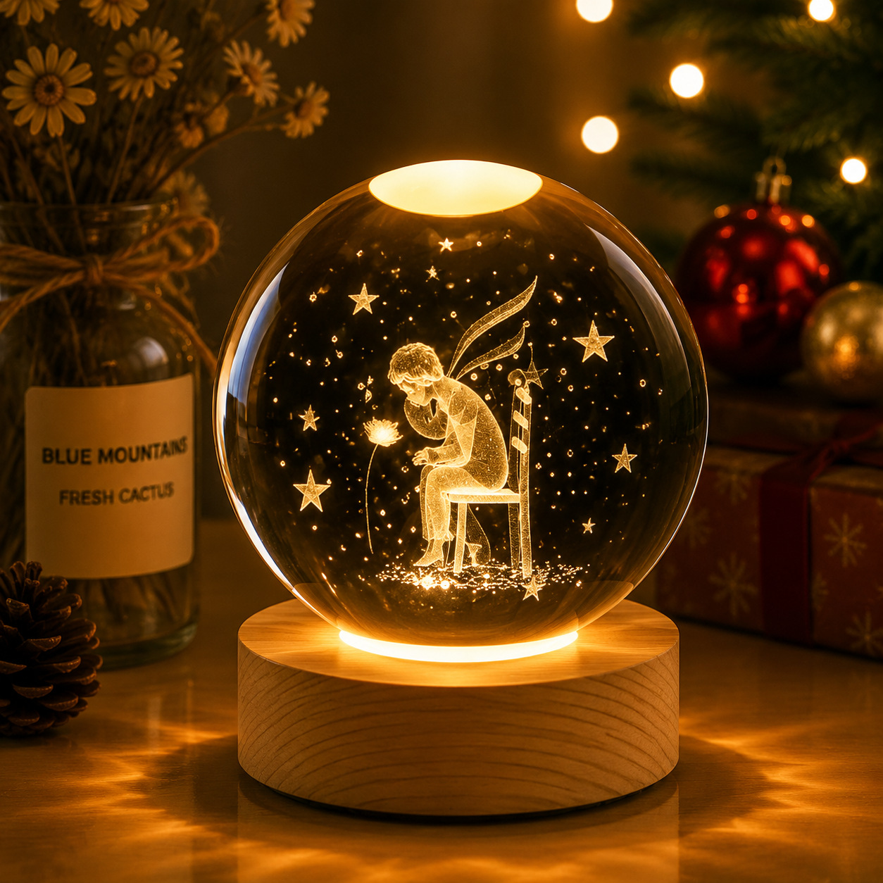 3D Laser-Engraved Crystal Ball Night Light, Smart Led Warm Light Creative Gift, Dreamy Starry Sky Ornament, Bedroom Decoration Overview